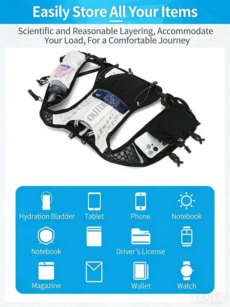 Reflective Running Hydration Vest Cycling Backpack for Outdoor Sports Climbing Hiking Mtb Road Bike - Adjustable Vest Bag